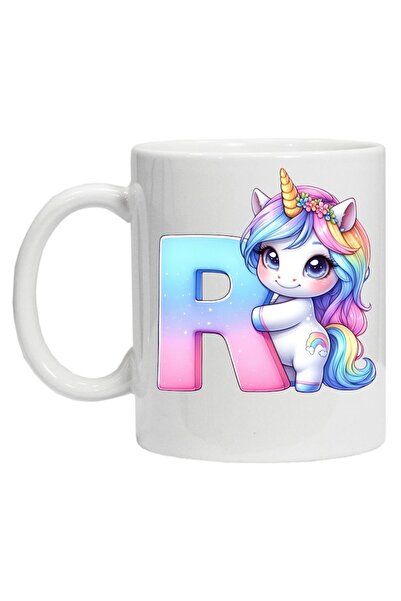 CRD PRINT Personalized mug with initial print + unicorn, letter R, white ceramic, 330 ml,