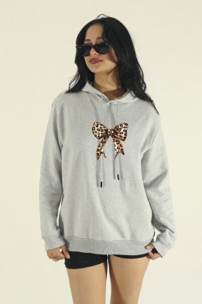 EydaMoon Women's Winter Cotton Leopard Bow Printed Regular Hooded Sweatshirt