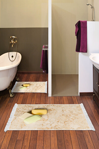 Alanur Home Non-Slip Base Djt Toilet Set Trend Fringed Marble E5033 Cream