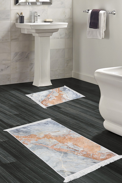 Alanur Home Non-Slip Base Djt Toilet Set Star Cotton Fringed Marble E5034 Blue