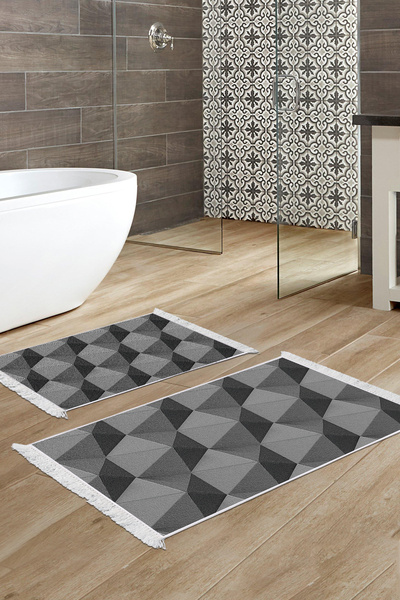 Alanur Home Non-Slip Base Djt Toilet Set Trend Fringed Geometric E5030 Gray