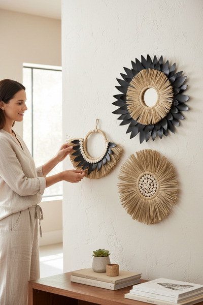 PearlHome Bohem Tarz El Yapımı Rafya Duvar Süsü 3’lü Set Doğal Yaprak Detaylı...