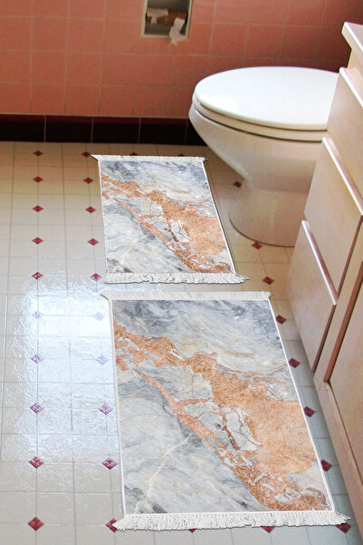 Alanur Home Non-Slip Base Djt Toilet Set Trend Fringed Marble E5034 Blue