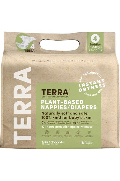 Terra Toddler Diapers Size 4 — 85% Plant-Based, Ultra-Soft, Chemical-Free, Hi...