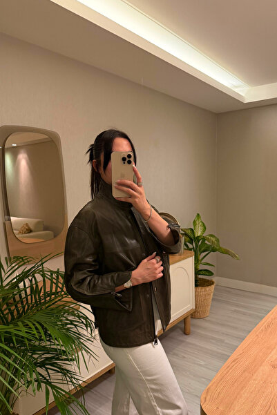 De Morque Kadın Biker Hakiki Sage Green Deri Ceket