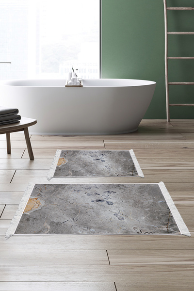 Alanur Home Non-Slip Base Djt Toilet Set Star Leather Fringed Marble E5037 Gray