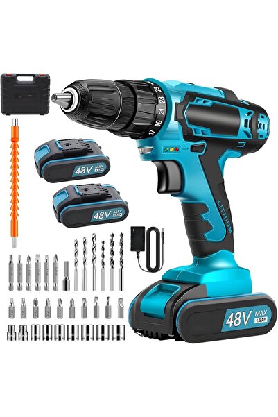 Generic 48V Cordless Electric Drill Set 2 Batteries Power Tool Kit 2 Speed LED Light Screwdriver DIY Wood
