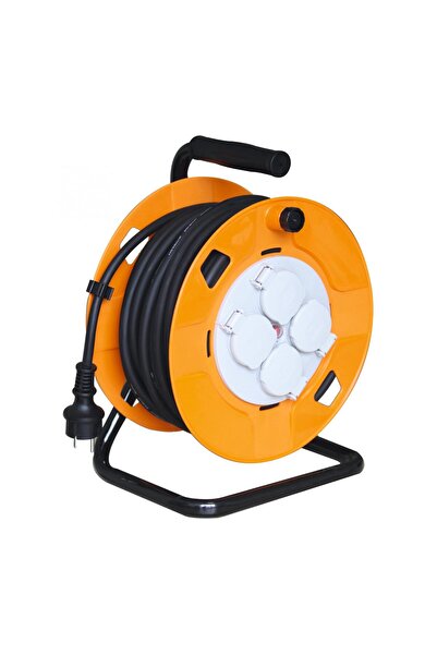 KlaussTech Cable reel, metal frame, 4 sockets with earthing, 25 m, IP44