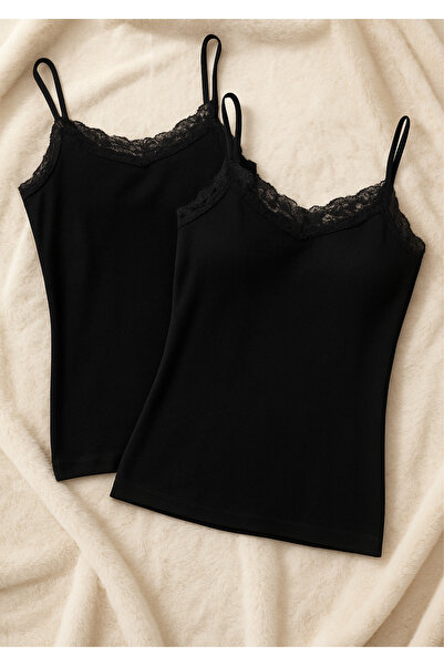 Loule 2-Pack Lace Detailed String Strap Tank Top - Soft Textured Clothing Made from Cotton and Modal Blend