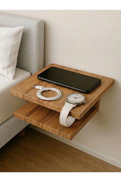 ALADAĞ HOME Minimalist Duvar Tipi Ceviz Yatak Yanı Raf – 2 Katlı Telefon ve Saat Rafı 30x25 cm
