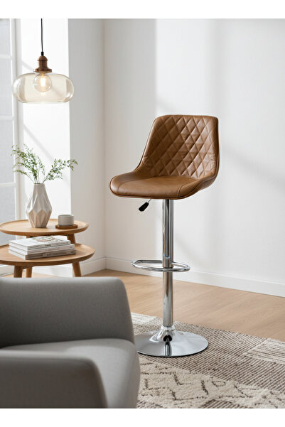 Living كرسي بار بتصميم كلاسيكي، جلد دوار، ارتفاع قابل للتعديل مع مسند للقدمين.