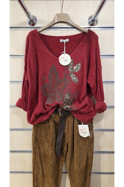 Park Moda Pulover din lână moale cu model de frunze de piatră