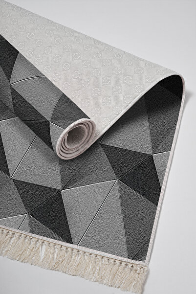 Alanur Home Non-Slip Base Djt Toilet Set Trend Fringed Geometric E5030 Gray