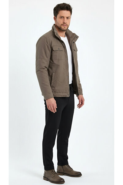DYNAMO Mock Neck Comfortable Fit Rain Wind Insulated Thick Stylish Linen Gabardine Coat with Fur Inside and Pocket Flap