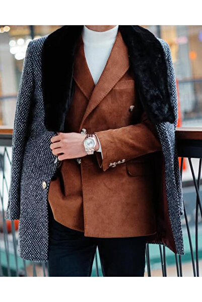 Avni Ceylan Men's Slim Fit Double-Breasted Velvet Jacket