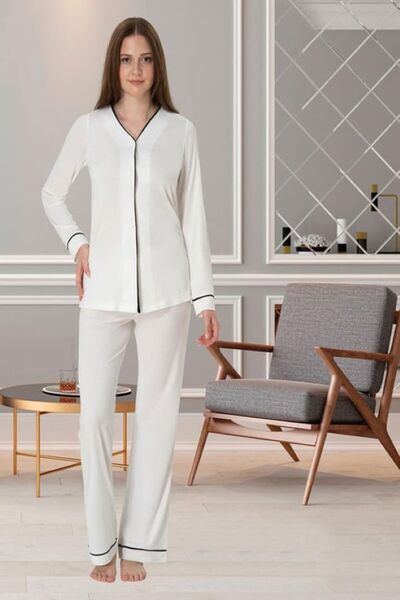 BLACKMORE Women's Ecru Front Buttoned Long Sleeve Cotton Maternity Pajama Set