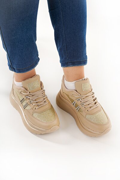 Babetty Women's Orthopedic Daily Lace-Up Stylish Stone Detailed Accessory Comfortable Sneaker Wedge Sole Sports Shoes