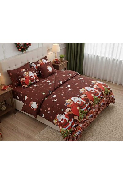 Casa Pucioasa Christmas Bed Linen, 2 Persons, Santa Claus with Gift Bag Pattern, Finet, Grenadine Red, 6 Pieces