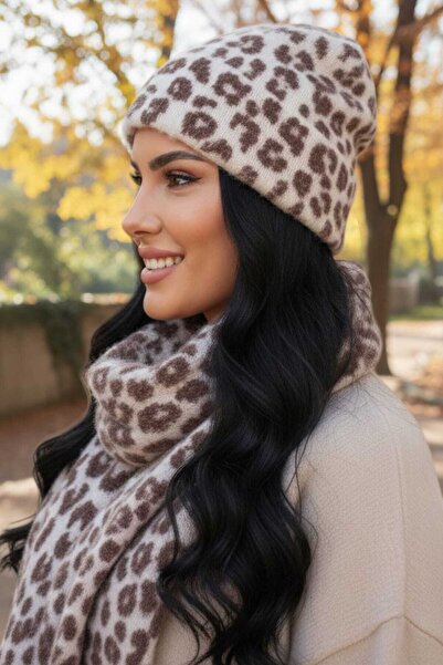 Mood Agenda Women's Premium Leopard Patterned Scarf Beanie Set of 2