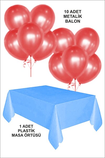 karanca parti süs 10 Kırmızı Metalik Balon 1 Adet Plastik Mavi Renk Masa Örtü...
