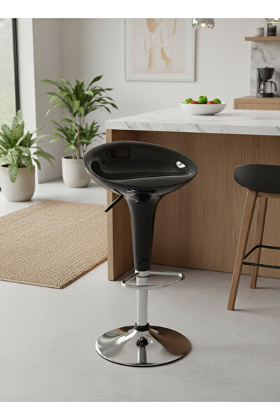 Living كرسي بار دوار بمقعد بلاستيكي مقوى وقاعدة معدنية فضية