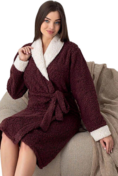 yusa stores Kadın Mürdüm Sharpi Welsolf Sabahlık - Kalın Peluş Kışlık Robdöşa...