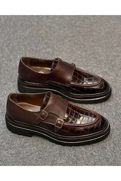 Avni Ceylan Crocodile Patterned Leather Classic Shoes with Buckle Detail