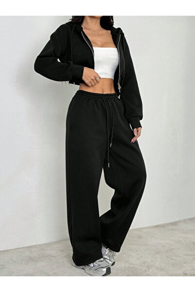 Loxoxo Women's Wide-Leg Winter 2-Thread Ribbed Thick Fleece-Lined Combed Cotton Fabric Sweatpants