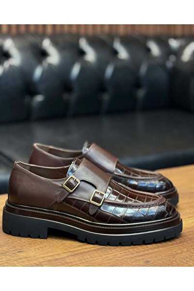 Avni Ceylan Crocodile Patterned Leather Classic Shoes with Buckle Detail