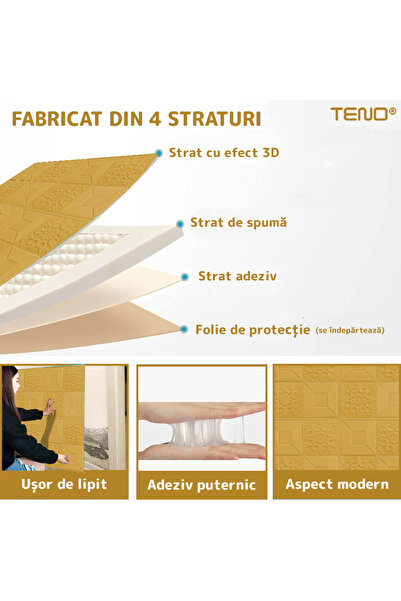 Teno Set of 30x 3D Teno® Wallpaper, coverage area 14.7 sqm, self-adhesive, wall/ceiling, 70x70 cm, yellow/gold