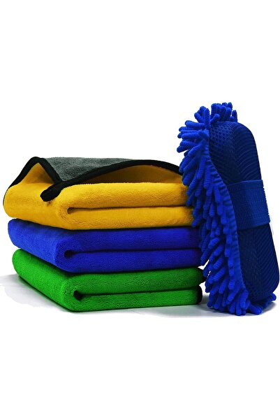 Coralblue Microfiber Car Towels 4-Piece Set with Wash Sponge - 40 x 30 cm, Polyester, Multi-color