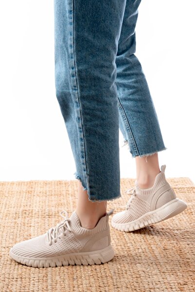 Zerenyus Zri̇n-501 Beige Lace-Up Comfortable Sole Casual Knitwear Sports Shoes