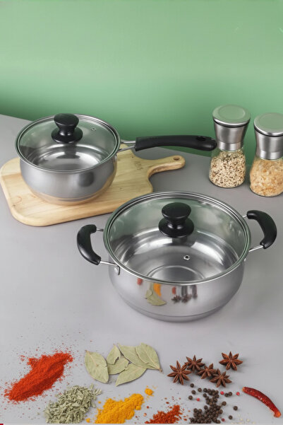 Muchmy 2 Pieces Stainless Steel Cookware Set Glass Lid Multi Purpose Cooking Mulk Soup Pots