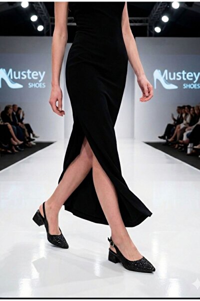 mustey Short-Heeled, Stylish-Looking Satin Women's Shoes with Glitter Details