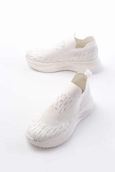 Zerenyus Zri̇n-707 White Knitwear Faillant Sole Slip-On Women's Sneakers with Stones