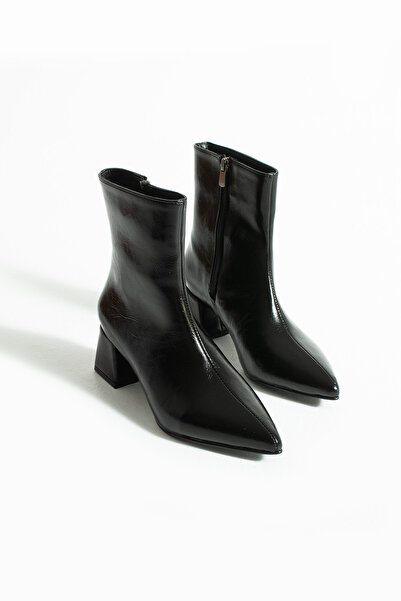 KOTAN Black Shiny Pointed Toe Thick Heeled Zipper Detailed Women's Boots-Stylish Leather-Look New Season