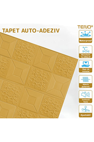 Teno Set of 30x 3D Teno® Wallpaper, coverage area 14.7 sqm, self-adhesive, wall/ceiling, 70x70 cm, yellow/gold