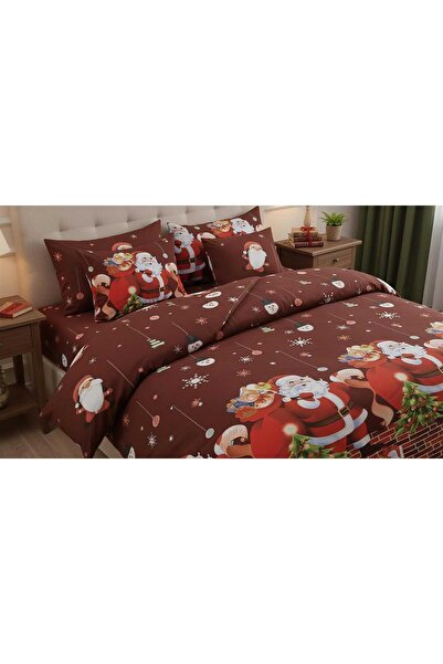 Casa Pucioasa Christmas Bed Linen, 2 Persons, Santa Claus with Gift Bag Pattern, Finet, Grenadine Red, 6 Pieces