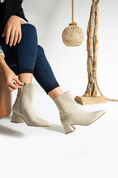 KOTAN Beige Shiny Pointed Toe Thick Heeled Zipper Detailed Women's Boots-Stylish Leather-Look New Season