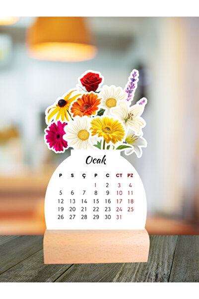 Huggy Craft 2026 Renkli Çiçekli Masa Takvimi, Ahşap Ayaklı, Resmi Tatiller işaretli, Yüksek Kaliteli Baskı