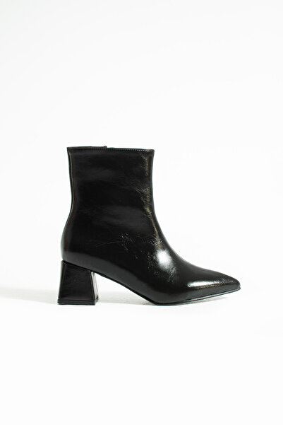 KOTAN Black Shiny Pointed Toe Thick Heeled Zipper Detailed Women's Boots-Stylish Leather-Look New Season