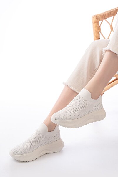 Zerenyus Zri̇n-707 White Knitwear Faillant Sole Slip-On Women's Sneakers with Stones