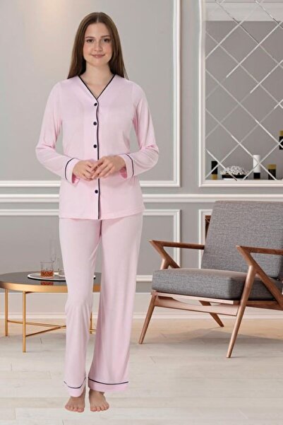 BLACKMORE Women's Powder-Colored Button-Front Long-Sleeve Cotton Maternity Pajama Set