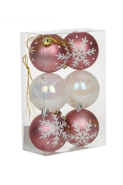 Craciun Set of Pink & White Christmas Baubles with Flakes and Holographic Glitter Ø6 cm – 6 pcs