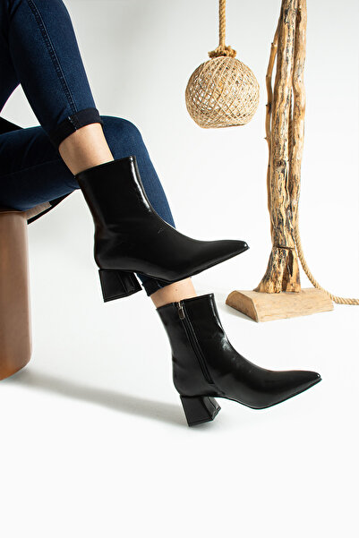 KOTAN Black Shiny Pointed Toe Thick Heeled Zipper Detailed Women's Boots-Stylish Leather-Look New Season