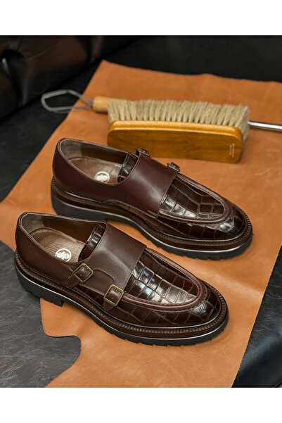Avni Ceylan Crocodile Patterned Leather Classic Shoes with Buckle Detail