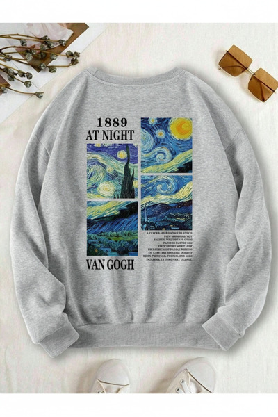 one button Unisex Van Gogh Baskılı Sıfır Yaka Regular Sweatshirt %100 Pamuk