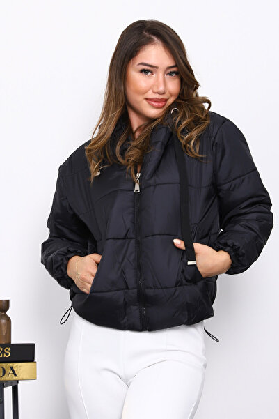 İmajButik Black Hooded Short Puffer Coat