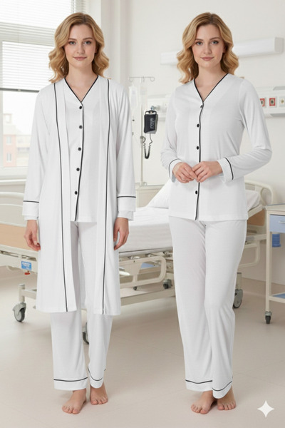 BLACKMORE Women's Ecru Front Buttoned Cotton Full Length Dressing Gown Maternity 3-Piece Pajama Set