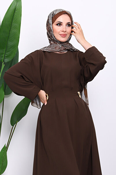 İmajButik Καφέ Φόρεμα με Πλισέ Στρίφωμα στη μέση